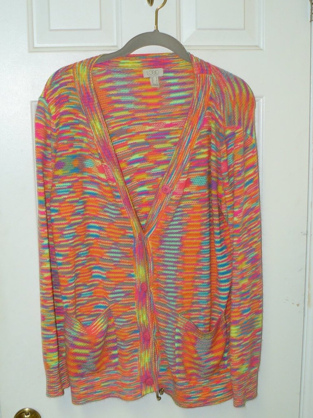 LOGO by Lori Goldstein Space Dye Neon Button Front Cardigan Sz M